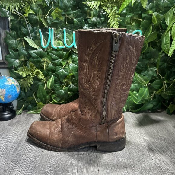 Frye Heath Outside Zip Brown Distressed  Leather Boot Men Size 10 D Angel Wings main image 8
